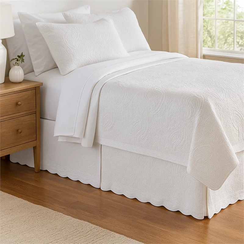 Benjara Muka Paisley Quilted Twin Bed Skirt & Cotton Drop - Ivory