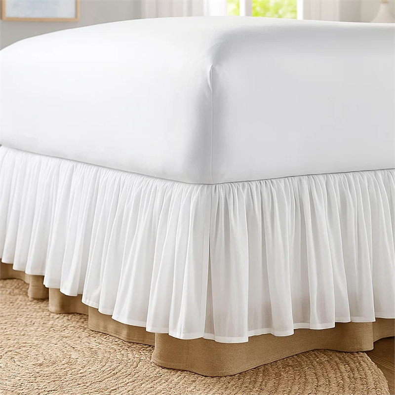 Benjara Twin Bed Skirt & Cotton Voile Drop - Ruffled Edge- White