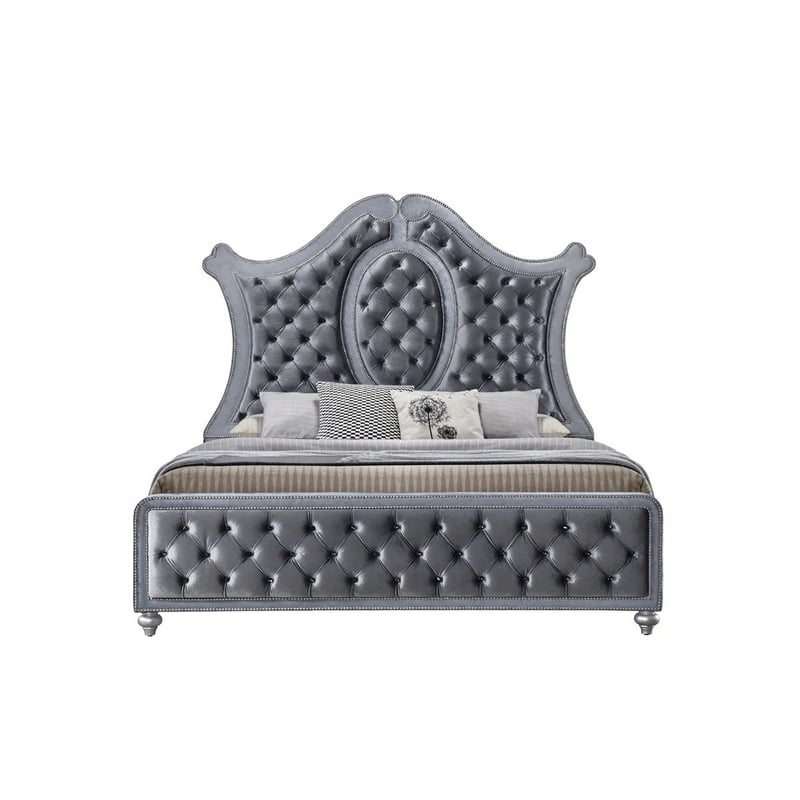 Benjara Rall King Size Bed- Curved Wood Headboard- Tufted Gray Fabric Upholstery