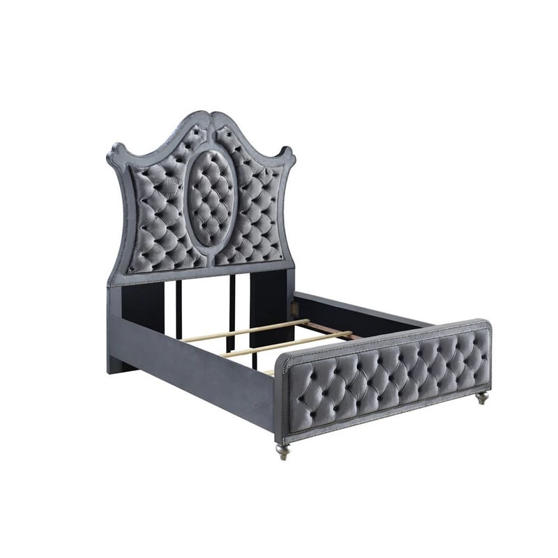 Benjara Rall King Size Bed- Curved Wood Headboard- Tufted Gray Fabric Upholstery