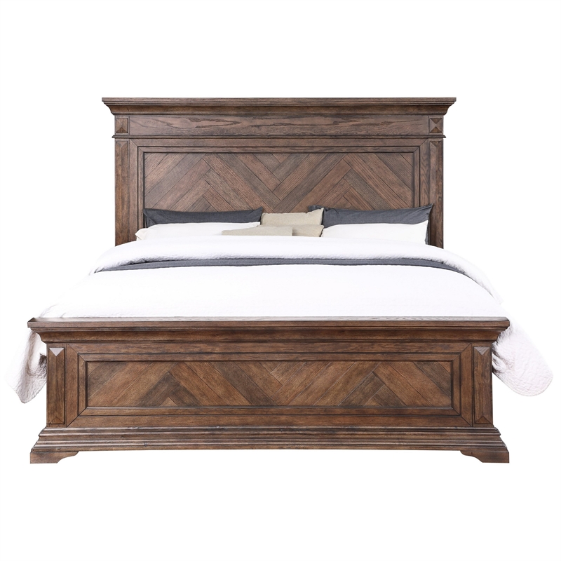 Benjara Marv Queen Size Bed- Parquet Pattern in Brushed Brown Wood