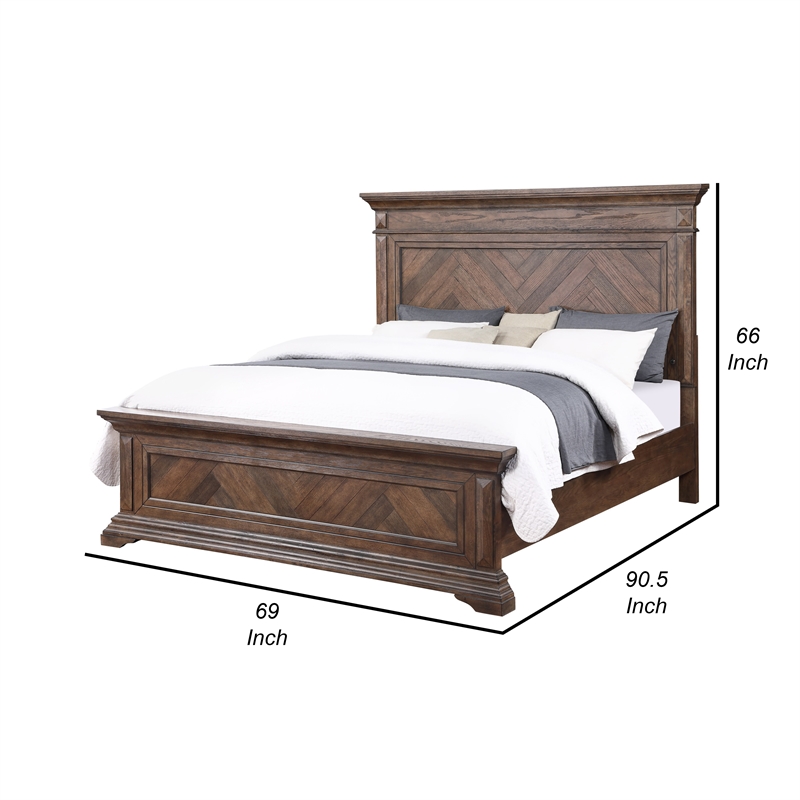 Benjara Marv Queen Size Bed- Parquet Pattern in Brushed Brown Wood