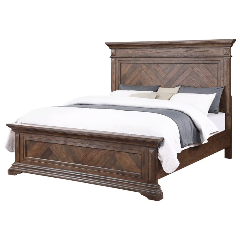 Benjara Marv Queen Size Bed- Parquet Pattern in Brushed Brown Wood