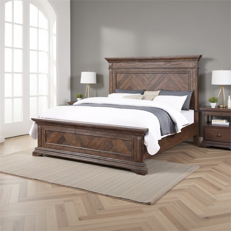 Benjara Marv Queen Size Bed- Parquet Pattern in Brushed Brown Wood