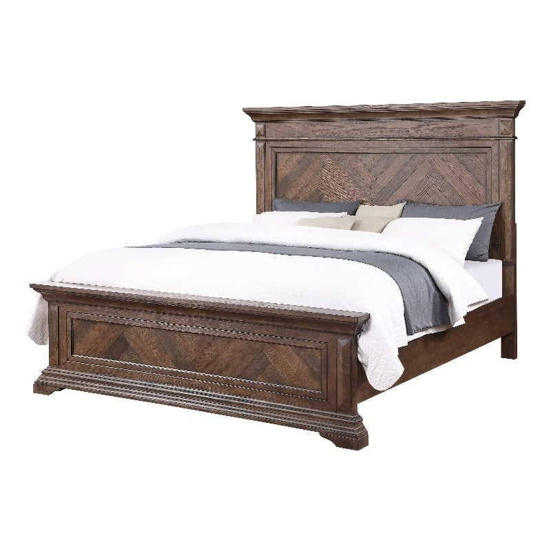 Benjara Marv Queen Size Bed- Parquet Pattern in Brushed Brown Wood
