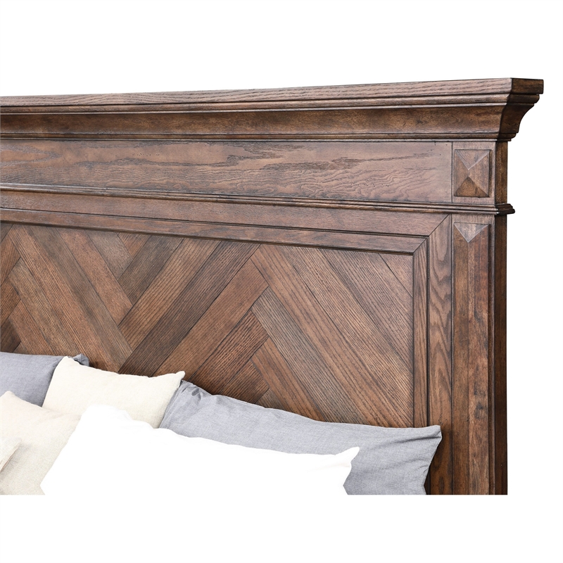 Benjara Marv Queen Size Bed- Parquet Pattern in Brushed Brown Wood
