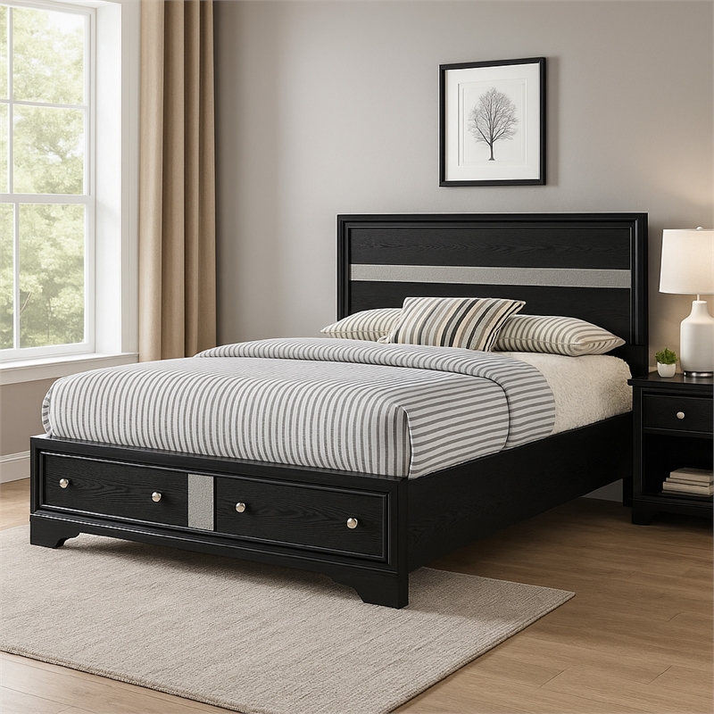 Benjara Regi Queen Bed- 2 Storage Drawers- Silver Striped Headboard- Black Wood