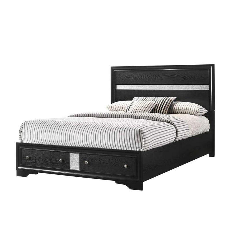 Benjara Regi Queen Bed- 2 Storage Drawers- Silver Striped Headboard- Black Wood