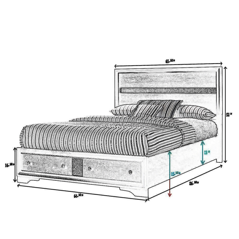 Benjara Regi Queen Bed- 2 Storage Drawers- Silver Striped Headboard- Black Wood