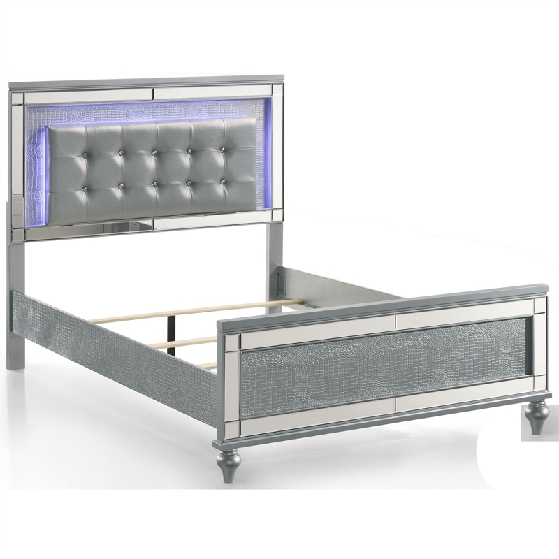 Benjara Lee Full Size Bed- LED- Tufted Faux Leather Upholstery- Textured Silver
