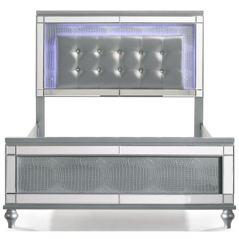 Benjara Lee Full Size Bed- LED- Tufted Faux Leather Upholstery- Textured Silver