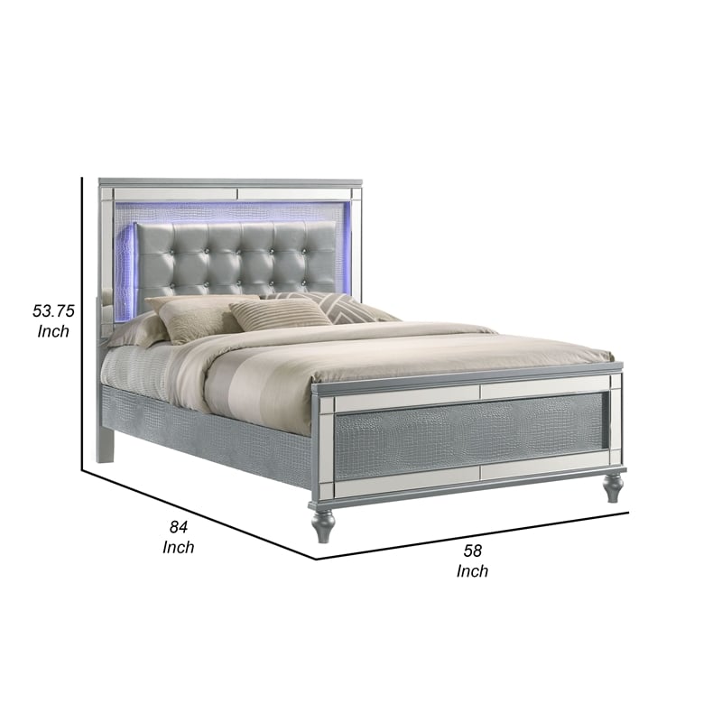 Benjara Lee Full Size Bed- LED- Tufted Faux Leather Upholstery- Textured Silver