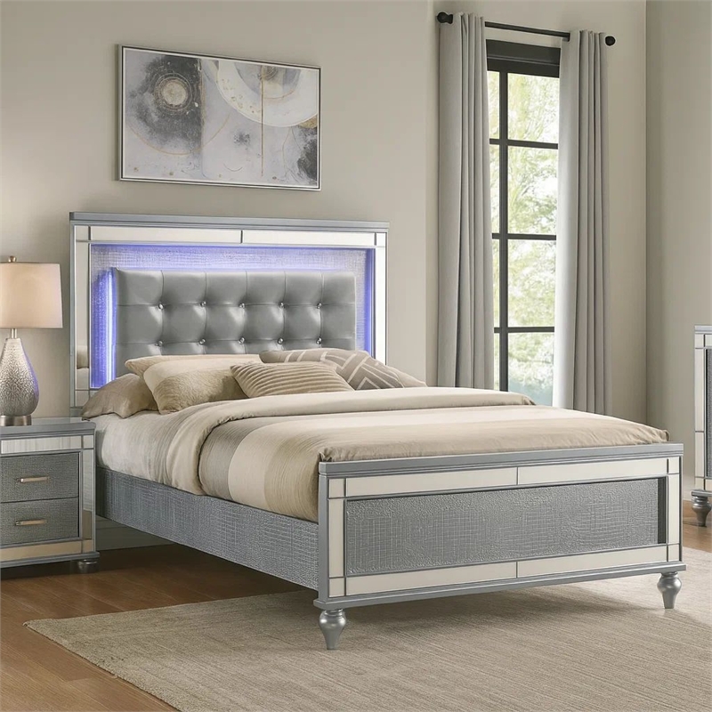 Benjara Lee Full Size Bed- LED- Tufted Faux Leather Upholstery- Textured Silver