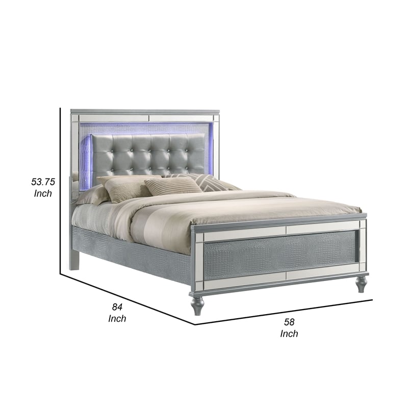Benjara Lee Twin Size Bed- LED- Tufted Faux Leather Upholstery- Textured Silver