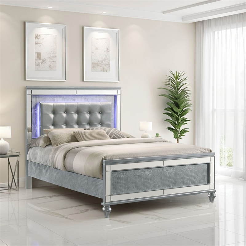 Benjara Lee Twin Size Bed- LED- Tufted Faux Leather Upholstery- Textured Silver