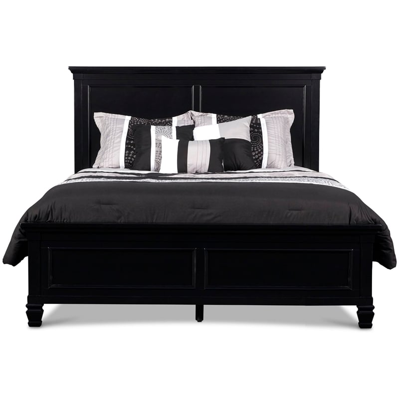 Benjara Umi Queen Size Bed- Classic Panel Design with Molded Details- Black Wood