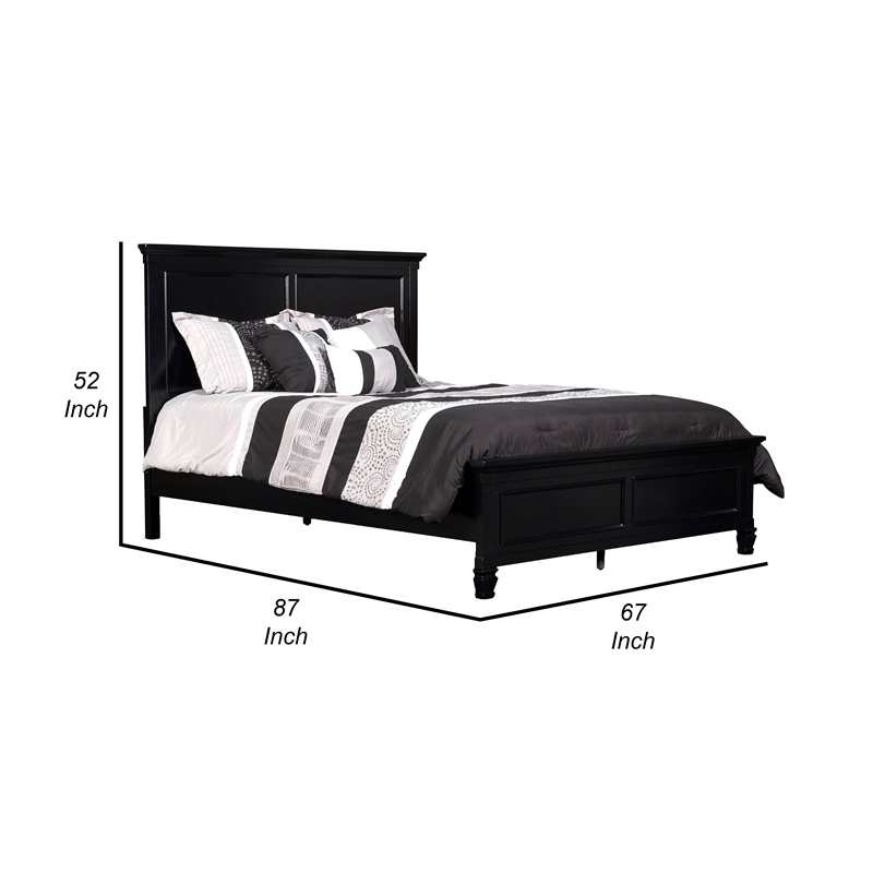 Benjara Umi Queen Size Bed- Classic Panel Design with Molded Details- Black Wood