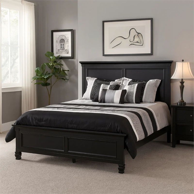 Benjara Umi Full Size Bed- Classic Panel Design with Molded Details- Black Wood