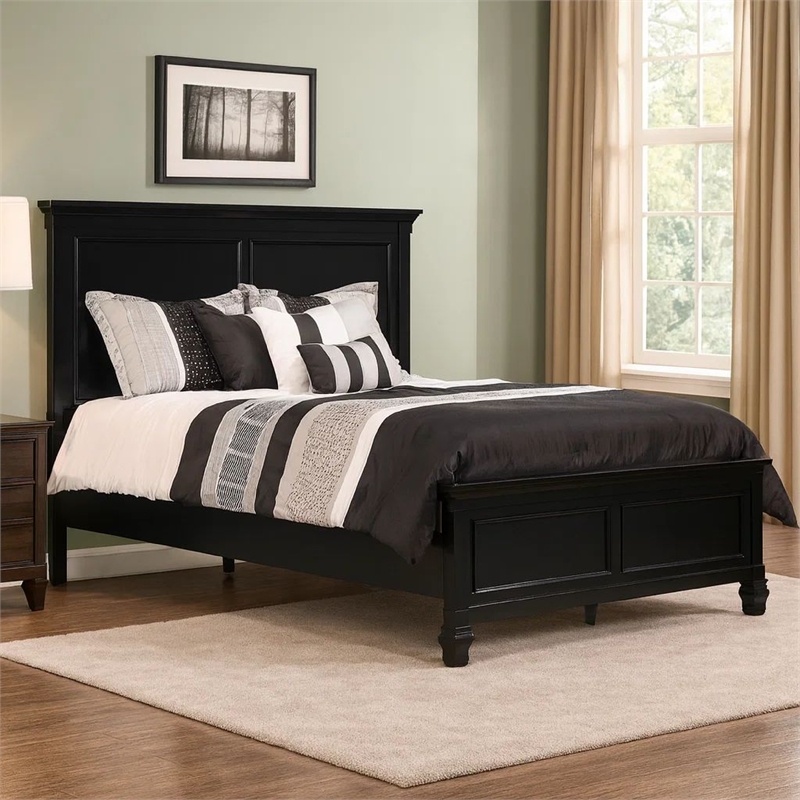 Benjara Umi Full Size Bed- Classic Panel Design with Molded Details- Black Wood