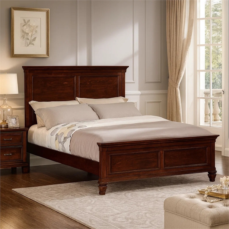 Benjara Umi Full Size Bed- Classic Panel Design with Molded Details- Brown Wood