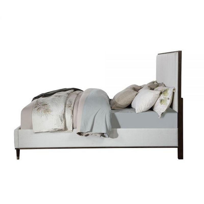 Benjara Aren King Bed- Light Gray Fabric Upholstery- Crisp White & Smooth Brown