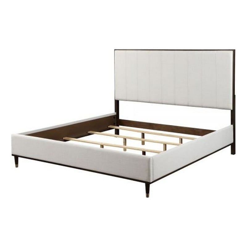 Benjara Aren Queen Bed- Light Gray Fabric Upholstery- Crisp White & Smooth Brown