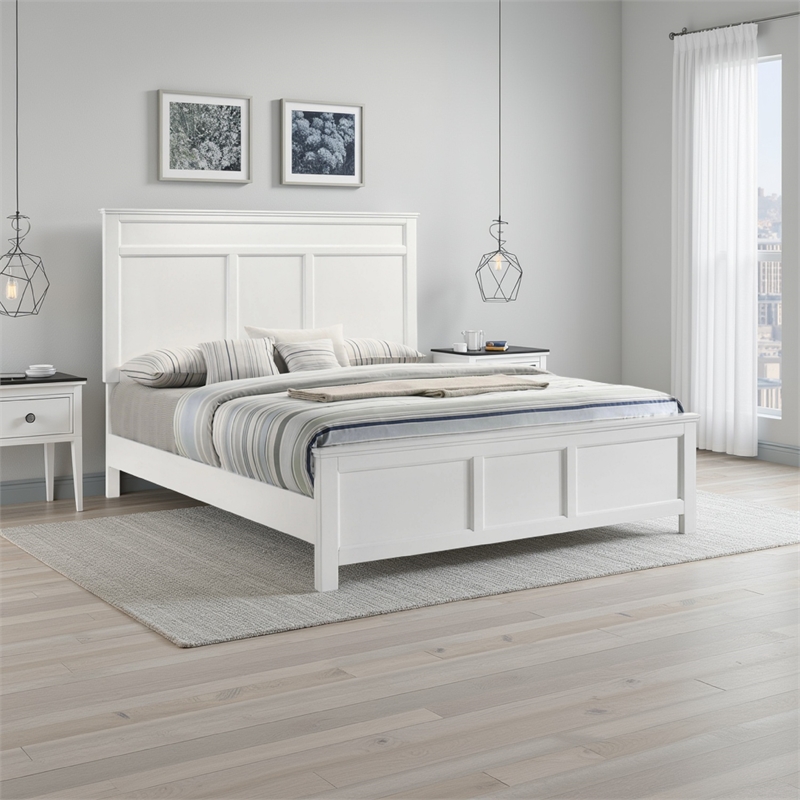 Benjara Aver Queen Size Bed- Transitional Carved Panel Design- White Wood Finish