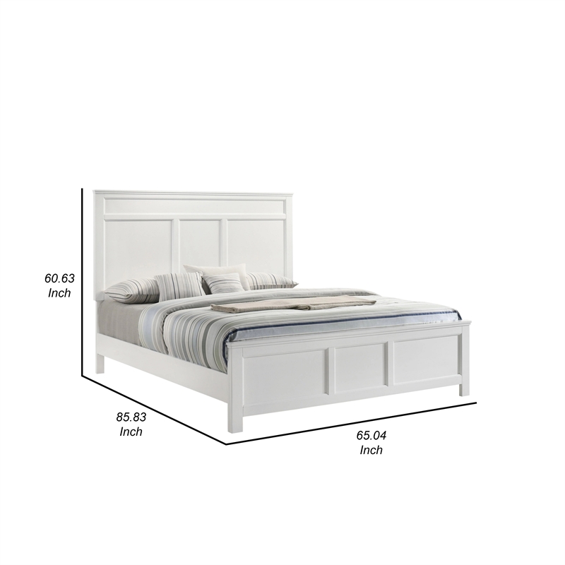 Benjara Aver Queen Size Bed- Transitional Carved Panel Design- White Wood Finish