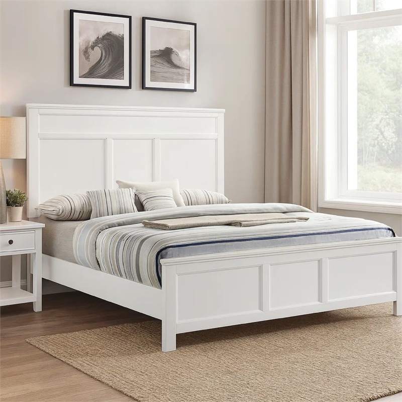 Benjara Aver Full Size Bed- Transitional Carved Panel Design- White Wood Finish