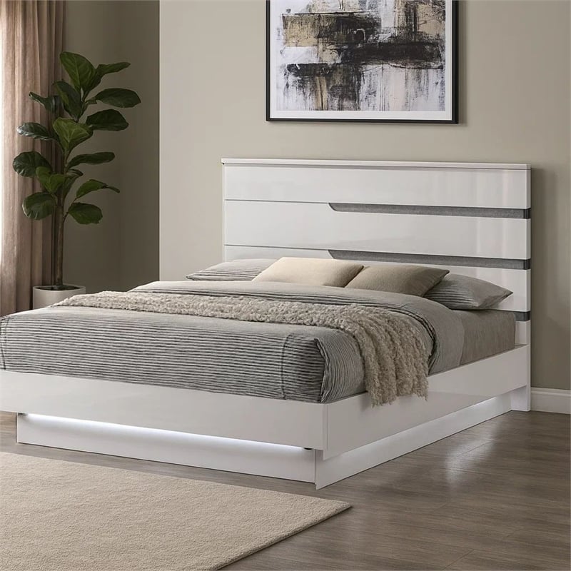 Benjara Peis King Size Bed- LED- Crystal Accents- Modern Design- Glossy White