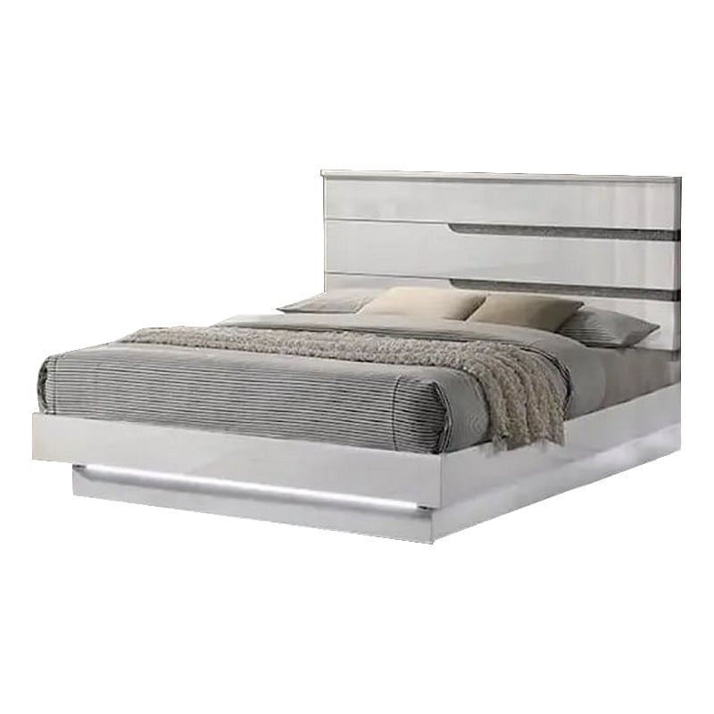 Benjara Peis King Size Bed- LED- Crystal Accents- Modern Design- Glossy White