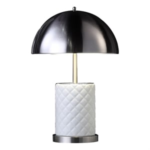 Benjara Aria 21&quot Table Lamp- Round- Dome Shade- Dark Silver- White Faux Leather