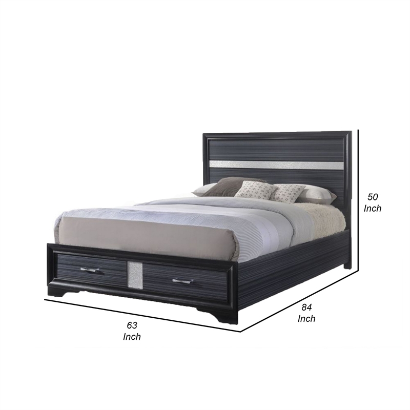 Benjara Nae Queen Size Bed- Rubberwood- Gray- Textured- Shimmery Acrylic Trim