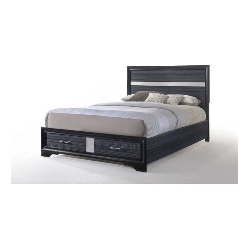 Benjara Nae Queen Size Bed- Rubberwood- Gray- Textured- Shimmery Acrylic Trim