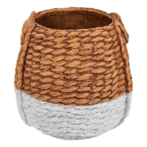 Benjara Reno 12&quot Planter- Rope Woven Design- White and Brown Finished Resin