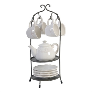 Benjara Zoya 10 Piece Tea Kettle and Cups Set with Metal Stand- White Porcelain