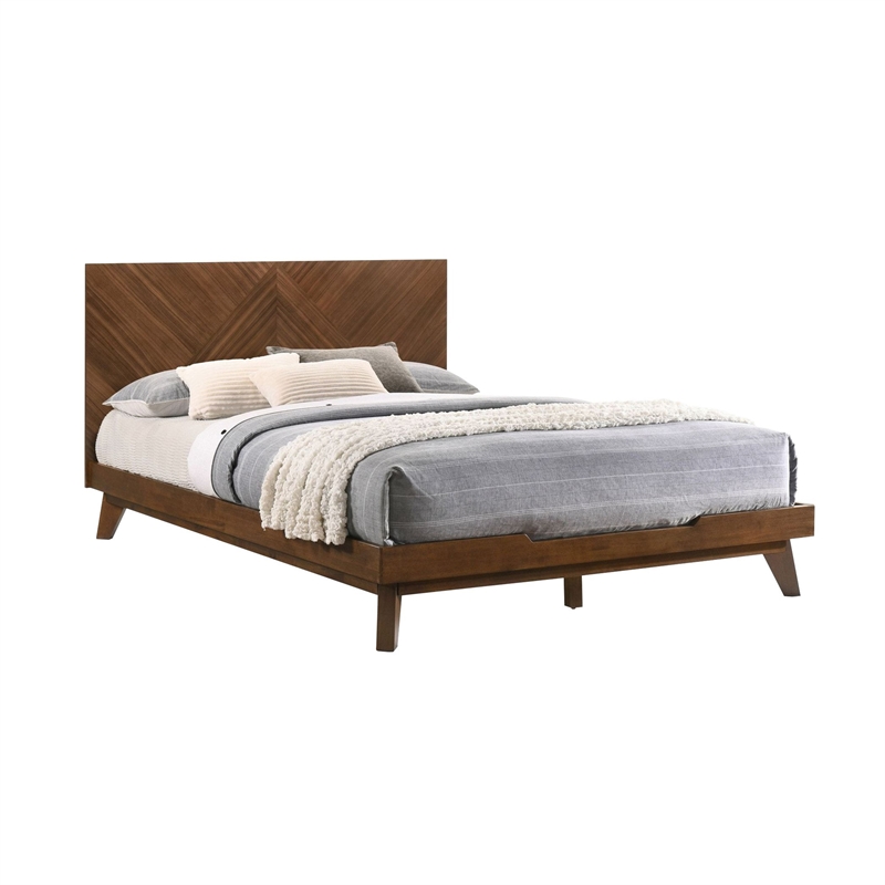 Benjara Soer King Size Platform Bed- Chevron Pattern- Solid Wood- Walnut Brown