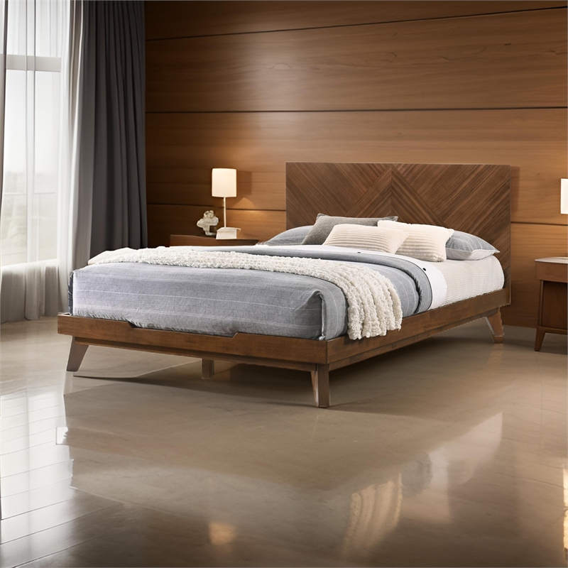 Benjara Soer King Size Platform Bed- Chevron Pattern- Solid Wood- Walnut Brown