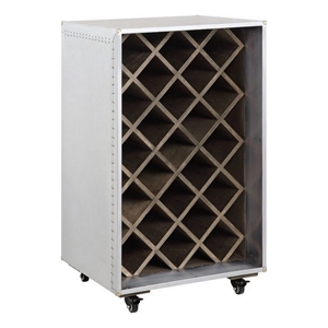Benjara 35&quot Wine Cabinet- Nailhead Trim- Caster Wheels- Silver Aluminium Finish