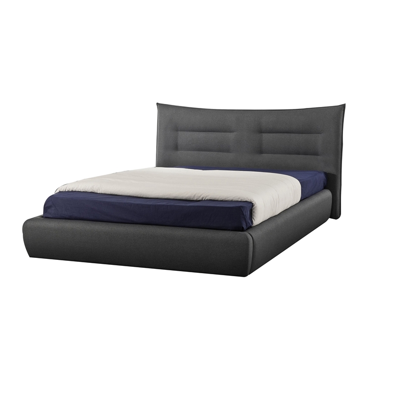 Benjara Ria Queen Bed- Curved Upholstered Headboard- Low Profile Italian Blue