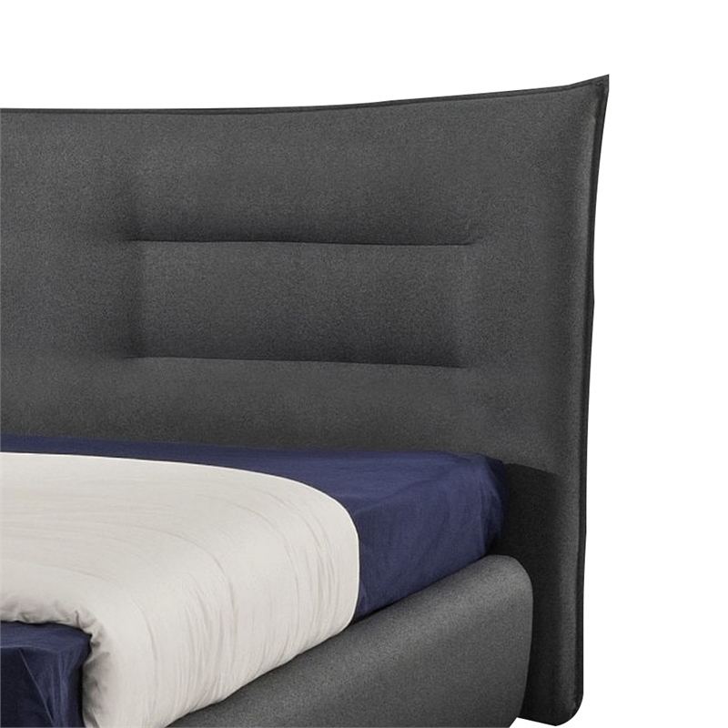 Benjara Ria Queen Bed- Curved Upholstered Headboard- Low Profile Italian Blue