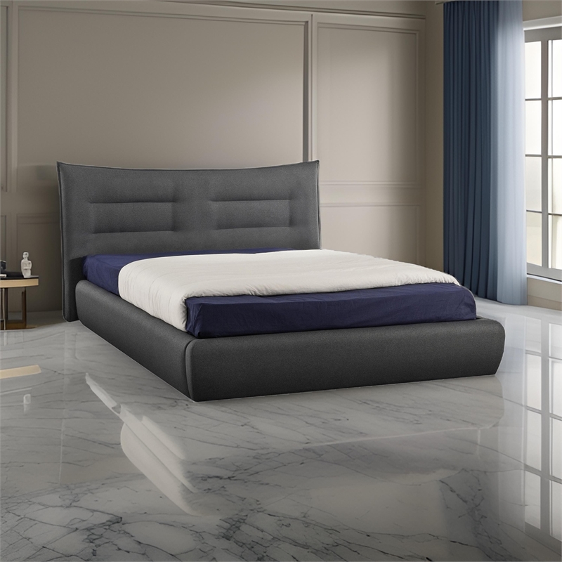 Benjara Ria Queen Bed- Curved Upholstered Headboard- Low Profile Italian Blue