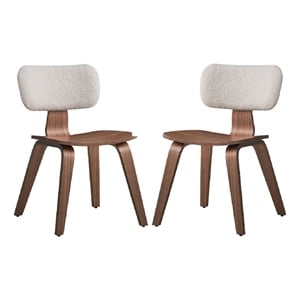 Benjara Aon 22&quot Side Dining Chair Set of 2- Curved- White Boucle- Walnut Brown