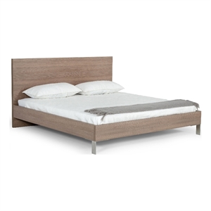 Benjara Noe Billy Queen Size Platform Bed-Panel Headboard-Brown Oak-Steel Metal