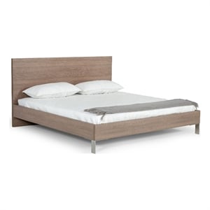 Benjara Noe Billy King Size Platform Bed-Panel Headboard-Brown Oak-Steel Metal