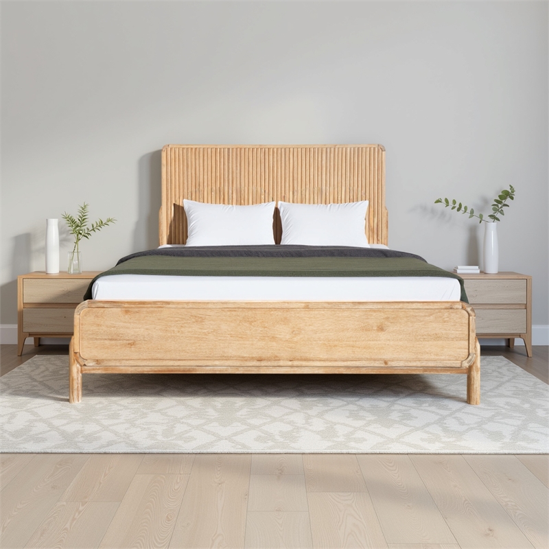 Benjara Cid Jima Platform Queen Bed- Horizontal Ribbed- Natural Brown Solid Wood