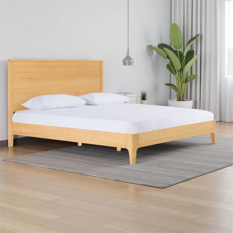 Benjara Cid Jima Platform King Bed- Horizontal Ribbed- Natural Brown Solid Wood