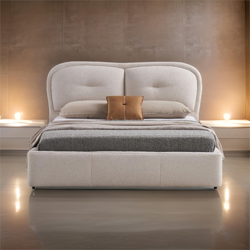 Benjara Layla King Size Bed- Ivory Fabric Upholstery- Padded & Tufted Headboard