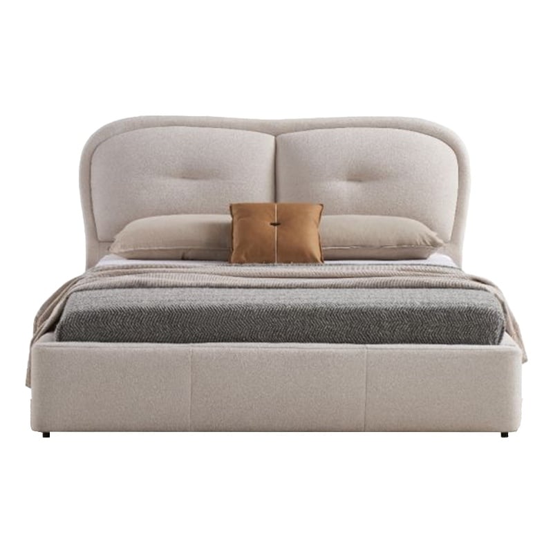 Benjara Layla King Size Bed- Ivory Fabric Upholstery- Padded & Tufted Headboard