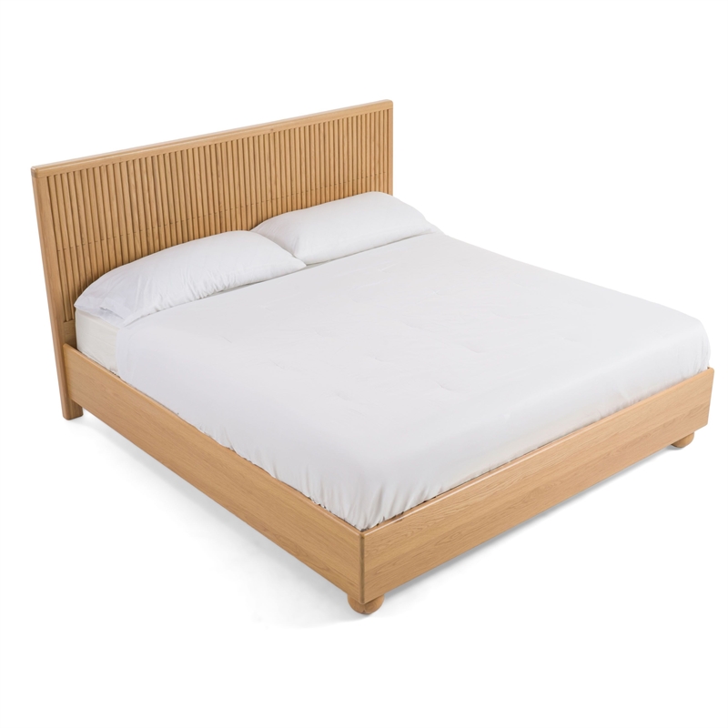Benjara Cid Joya Queen Bed-Panel Headboard-Rounded Natural Brown Solid Oak Wood